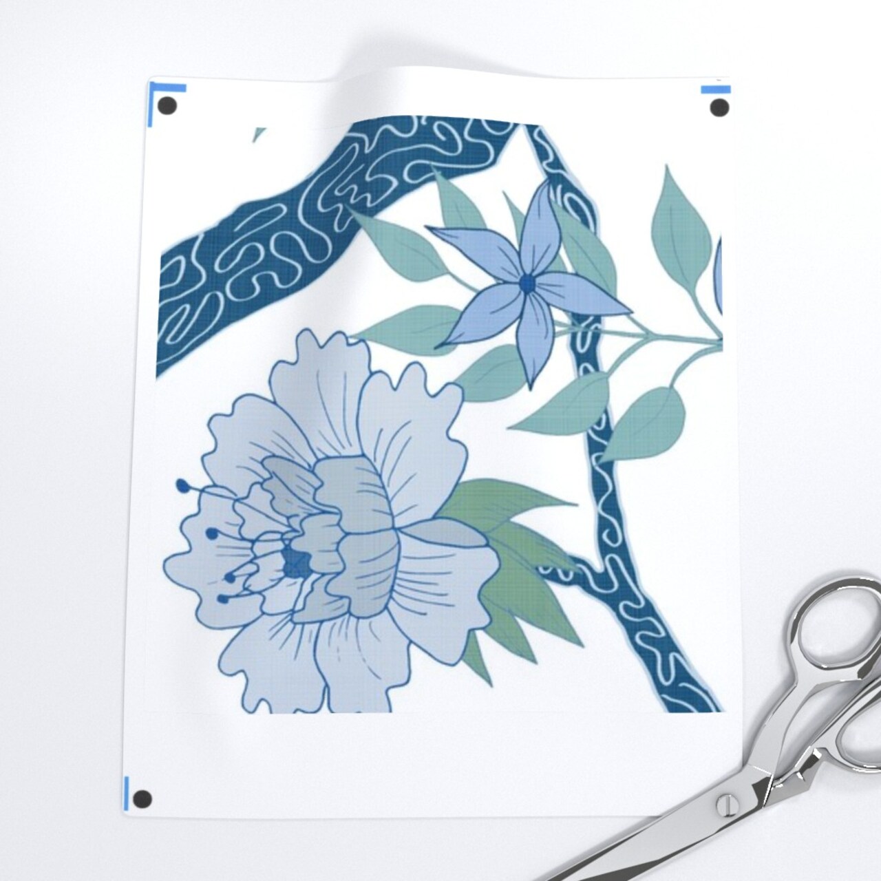 Garden Chinoiserie Green Floral Branch Large Scale Peony Blue And White Chinoiserie Mural Branches Trees Spring Custom Printed Fabric by Spoonflower Various Fabrics by the Yard or Fat Quarter